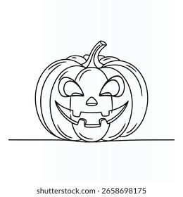 A simple black and white line drawing of a carved Halloween pumpkin.