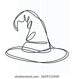 Un simple dibujo de línea en blanco y negro de un clásico sombrero de bruja puntiagudo.