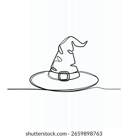 Um simples desenho de linha preta e branca de um tradicional chapéu de bruxa.