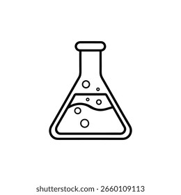 Un simple dibujo de línea en blanco y negro de un frasco de laboratorio con líquido burbujeante, aislado sobre un fondo blanco.