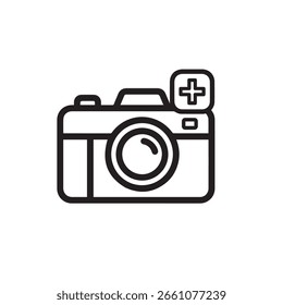 A simple black and white line drawing of a vintage camera with a flash unit on top, featuring a plus sign symbol. Isolated on a white background.