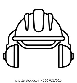 Un simple dibujo de línea en blanco y negro de un casco de seguridad con orejeras, diseñado para proteger a los trabajadores de lesiones en la cabeza y ruidos fuertes en las obras de construcción. Ilustración vectorial.