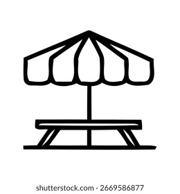 Um simples desenho de linha preto e branco de uma mesa de piquenique e guarda-chuva. O estilo silhueta é uma característica chave.