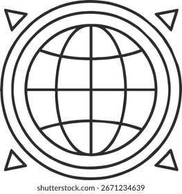 Eine einfache Schwarz-Weiß-Linienzeichnung eines Globus, der von konzentrischen Kreisen und Richtungspfeilen umgeben ist. Der Globus ist mit Linien dargestellt, die seine Kontinente und Ozeane darstellen.