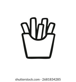 Einfache schwarz-weiße Linienzeichnung von Pommes frites in einem Behälter