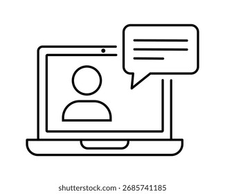 Un simple icono de dibujo de línea en blanco y negro que representa una computadora portátil con un símbolo de perfil de usuario que se muestra en su pantalla y una burbuja de discurso que indica comunicación o chat.