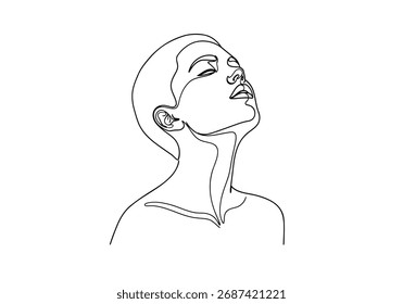 Um simples desenho de linha preta e branca da cabeça e pescoço de uma mulher inclinado para cima, isolado em um fundo branco limpo.