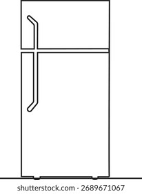 Un simple dibujo de línea en blanco y negro de un refrigerador con un compartimento congelador en la parte superior.