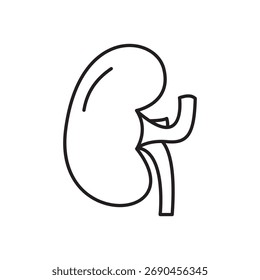 Um desenho simples, preto e branco de um rim com ureter, representando a anatomia humana, ilustração médica, saúde, educação e nefrologia.