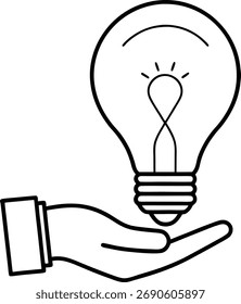 A simple black and white line drawing shows a hand cupped open, with a light bulb resting on it. 