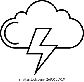 Eine einfache schwarz-weiße Linienzeichnung einer Wolke mit einem Blitz, der von der Mitte nach unten schlägt. 