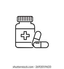 Eine einfache schwarz-weiße Linie zeigt eine pharmazeutische Flasche mit einem Kreuz-Emblem, neben zwei ovalen Kapseln, die die Medizin und das Gesundheitswesen symbolisieren.