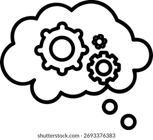 Un simple dibujo de línea en blanco y negro de una burbuja de pensamiento que contiene dos engranajes, que representan el pensamiento, las ideas y la resolución de problemas. Aislado sobre fondo blanco.