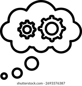 Un simple dibujo de línea en blanco y negro de una burbuja de pensamiento que contiene dos engranajes, que representan el pensamiento, las ideas y la resolución de problemas. Aislado sobre fondo blanco.