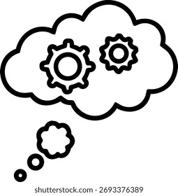 Un simple dibujo de línea en blanco y negro de una burbuja de pensamiento que contiene dos engranajes, que representan el pensamiento, las ideas y la resolución de problemas. Aislado sobre fondo blanco.