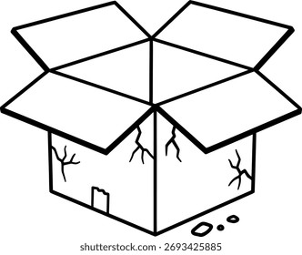 A simple black and white line drawing of an open cardboard box with a silhouette style.