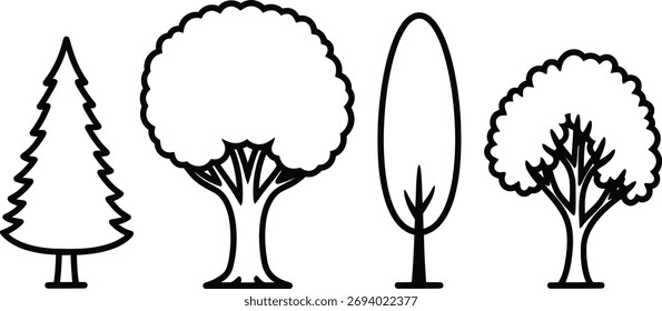 Un simple dibujo de líneas en blanco y negro muestra cuatro siluetas de árboles únicas, mostrando diferentes Formas y estilos.