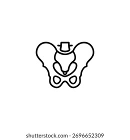 Un simple dibujo de línea en blanco y negro del hueso de la pelvis humana, que muestra su estructura.