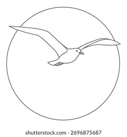 Um simples desenho em preto e branco representa um pássaro em voo dentro de uma oval.