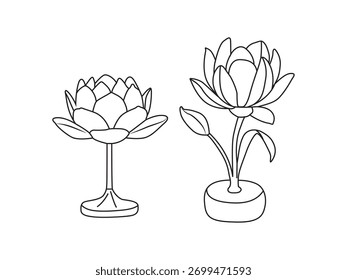Simple black and white line drawing of lotus flowers in minimal style.
Perfect for coloring pages, sketch flower, tattoo art, and botanical illustration projects.