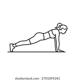 A simple black and white line drawing shows a woman in a plank position, demonstrating a common fitness exercise.