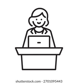 Un simple dibujo de línea en blanco y negro de una mujer de pie detrás de un podio con una computadora portátil, que indica una presentación o discurso.