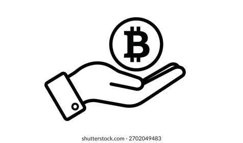 A simple black and white line drawing of an open hand holding a coin with the Bitcoin symbol.