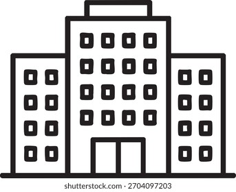 Dibujo de línea simple en blanco y negro de un edificio moderno con ventanas rectangulares