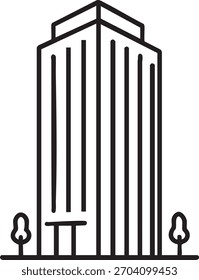 Simple black and white line drawing of a tall modern building with trees