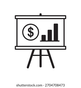 Un simple dibujo de línea en blanco y negro que representa un caballete de presentación sosteniendo una pantalla. La pantalla presenta un círculo con un signo de dólar y un gráfico de barras en crecimiento, que simboliza la presentación financiera o el bu