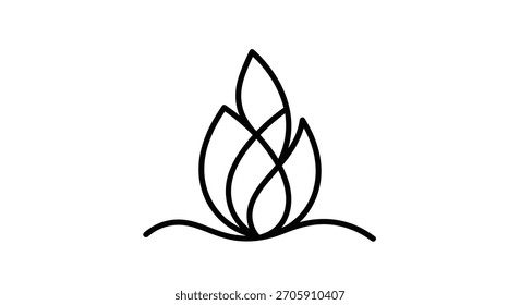 Um simples desenho de linha preta e branca de uma flor de lótus com uma linha ondulada na base.