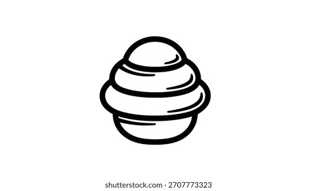 Un simple dibujo de línea en blanco y negro de un cupcake con remolinos de glaseado sobre un fondo blanco.