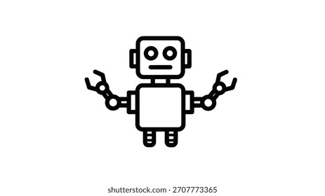 Un simple dibujo de línea en blanco y negro de un robot de aspecto amigable con cabeza cuadrada, ojos circulares y brazos articulados con pinzas.