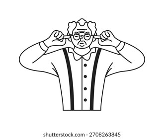 Simple dibujo de línea en blanco y negro de un anciano con gafas y tirantes, presionando sus dedos en sus oídos con una expresión de descontento.