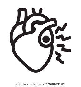 Un simple dibujo de línea en blanco y negro de un corazón humano con líneas irradiadas irregulares que sugieren molestia o dolor.