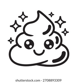 Un simple dibujo de línea en blanco y negro de un emoji de caca feliz y sonriente rodeado de estrellas brillantes.
