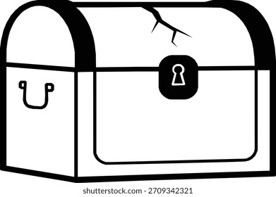 Un simple dibujo de línea en blanco y negro de un viejo cofre del tesoro agrietado con un candado y asa, aislado sobre un fondo blanco.