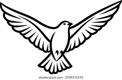 Un simple dibujo de línea en blanco y negro de una paloma volando con sus alas completamente extendidas.
