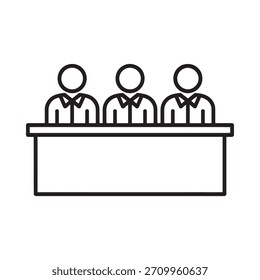 A simple black and white line drawing depicts three stylized figures seated behind a long, flat desk.