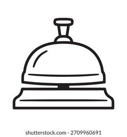 Un simple dibujo de línea en blanco y negro de una campana de escritorio vintage, a menudo utilizada para solicitudes de servicio o atención.