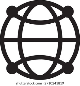 Dibujo simple de líneas en blanco y negro de un globo terráqueo con líneas y puntos que se cruzan en las intersecciones. Representa la red global o internet.