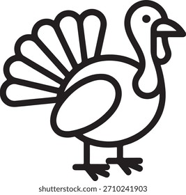 Simple black and white line drawing of a turkey. Perfect for Thanksgiving designs, illustrations, and holiday-themed projects. Clean and minimalist style.