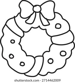 Simple black and white line drawing of a holiday wreath decorated with a bow, suitable for coloring pages or craft projects.
