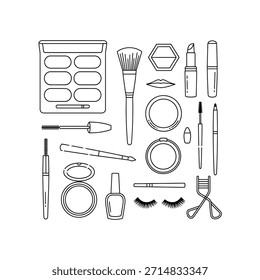 Simple black and white line drawing showcasing various cosmetics and makeup application tools.