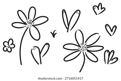El simple dibujo de líneas en blanco y negro presenta flores y hojas dispersas en un fondo blanco que crean un diseño botánico minimalista perfecto para fondos o proyectos artísticos elegantes.