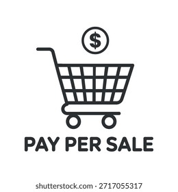 Un simple dibujo de línea en blanco y negro representa un Carrito de compras con un signo de dólar encima y texto leyendo pago por venta