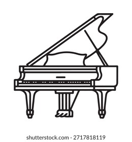 Dibujo de línea simple en blanco y negro de una vista lateral de piano de cola