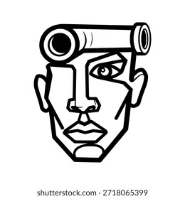 Un simple dibujo de línea en blanco y negro de una cara con un objeto cilíndrico en su cabeza, que posiblemente representa a una persona con un casco o accesorio único.