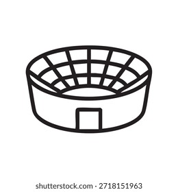 Um simples desenho em linha preta e branca retrata uma arena circular vazia com arranjos para assentos dentro