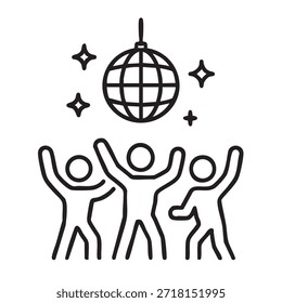 a simple black and white line drawing depicts a disco ball above three people celebrating with raised arms